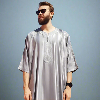 2024 New Men Muslim Abaya Islamic Clothing Men'S Embroidered Striped Jubba Thobe Moroccan Dubai Kaftan Eid Prayer Robe Dress