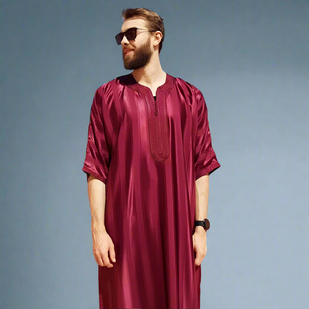 2024 New Men Muslim Abaya Islamic Clothing Men'S Embroidered Striped Jubba Thobe Moroccan Dubai Kaftan Eid Prayer Robe Dress