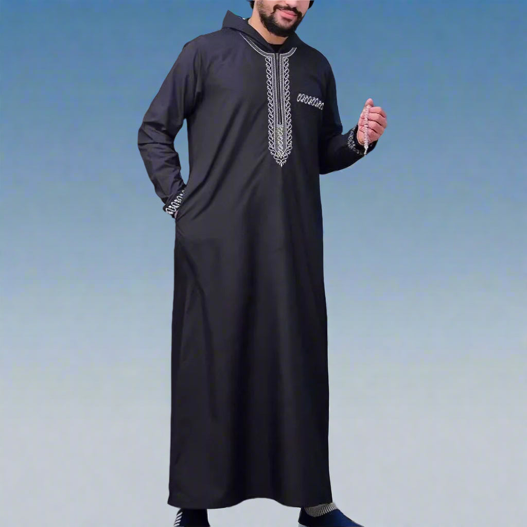 2025 New Men'S Muslim Thobe Middle East Jubba Thobe Long Sleeve Hooded Islamic Robe Men Muslim Dress Saudi Arabic Thobe Abaya