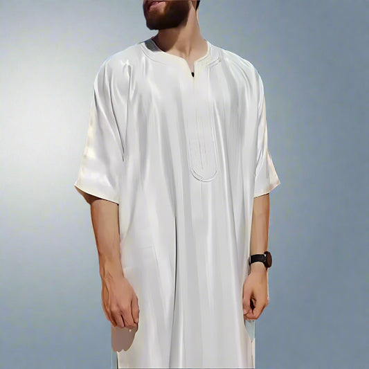 2024 New Men Muslim Abaya Islamic Clothing Men'S Embroidered Striped Jubba Thobe Moroccan Dubai Kaftan Eid Prayer Robe Dress