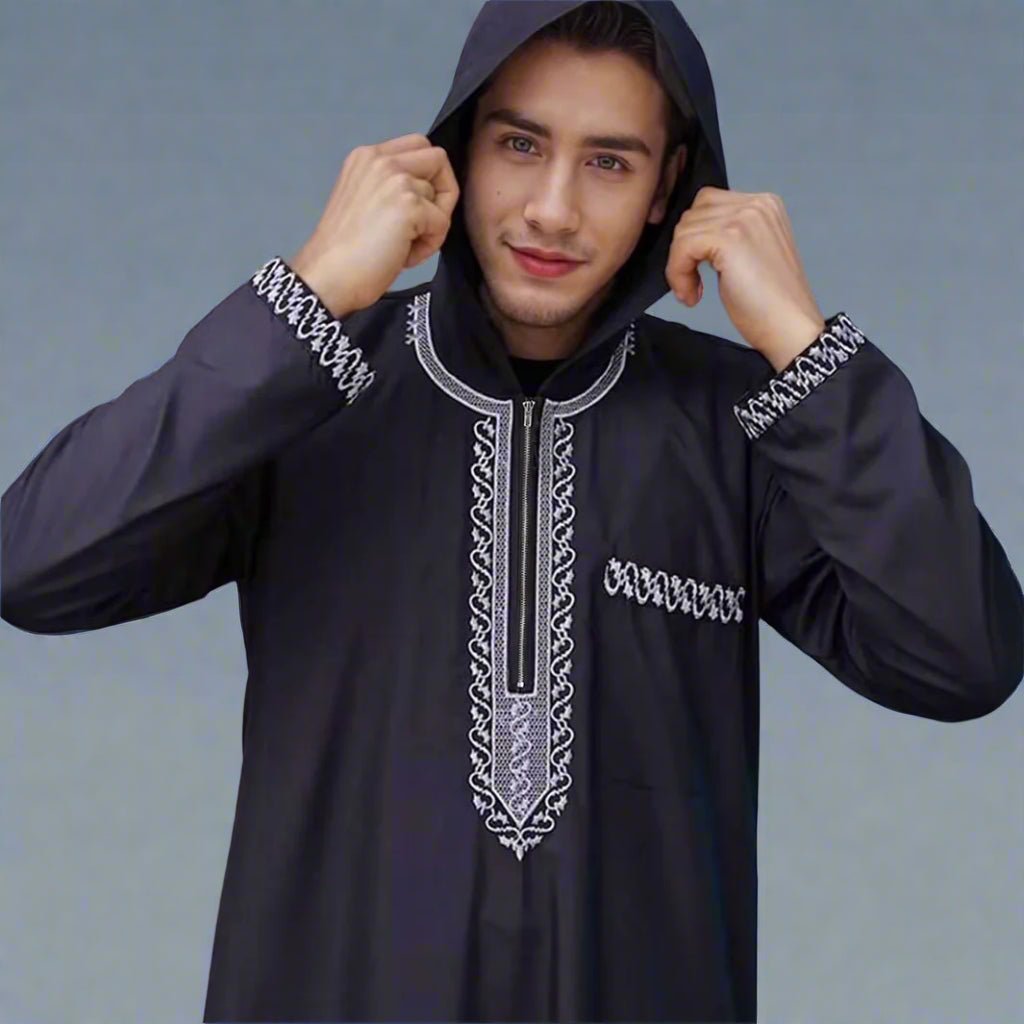 2025 New Men'S Muslim Thobe Middle East Jubba Thobe Long Sleeve Hooded Islamic Robe Men Muslim Dress Saudi Arabic Thobe Abaya