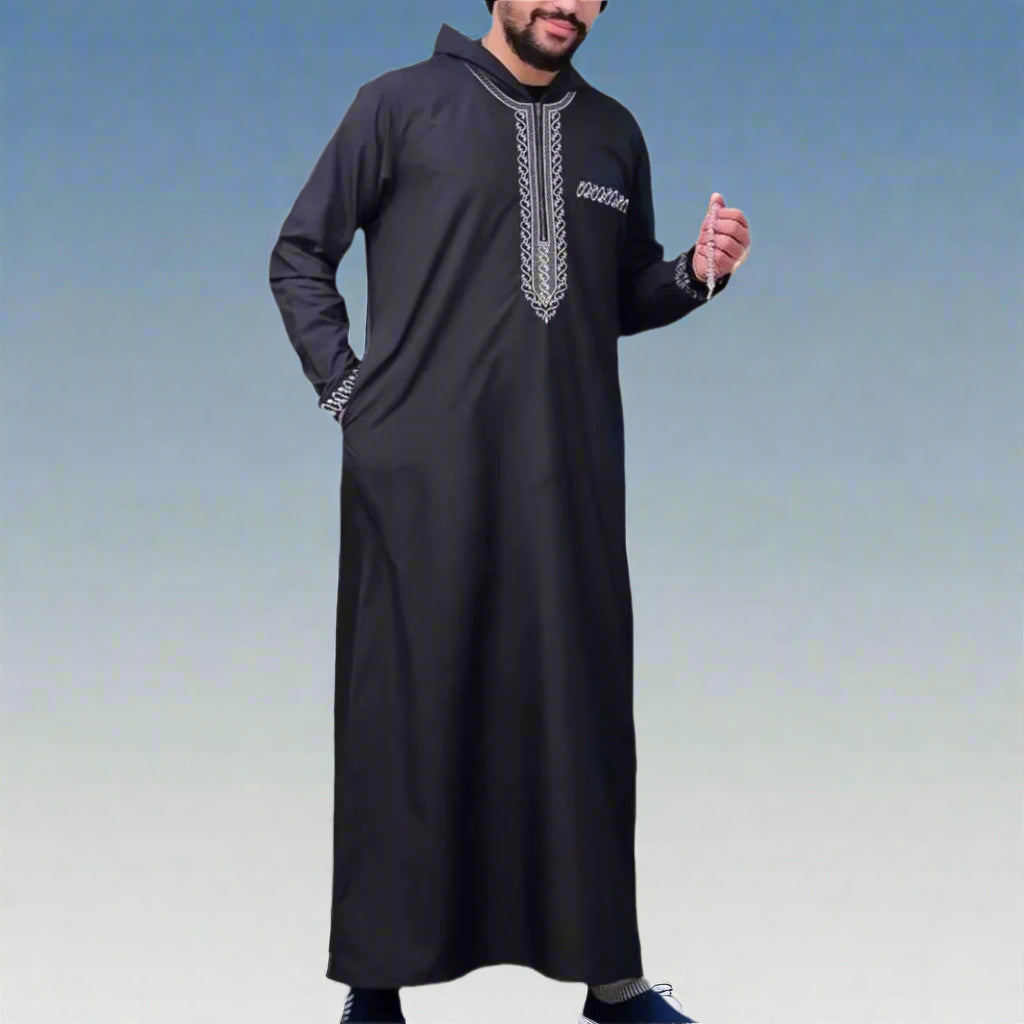 2025 New Men'S Muslim Thobe Middle East Jubba Thobe Long Sleeve Hooded Islamic Robe Men Muslim Dress Saudi Arabic Thobe Abaya